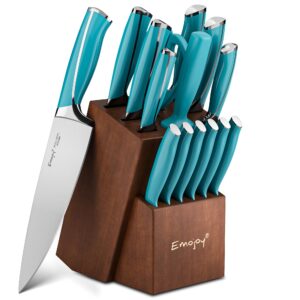 knife set, kitchen knife set with block wooden, emojoy 15-pieces knife block set stainless steel kitchen knives and serrated steak knives,blue chef knife set with sharpener