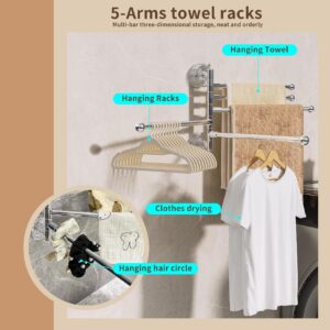 5-Arms Towel Racks for Bathroom, Adjustable Suction Cup Towel bar, Towel Holder Wall Mounted, 180° Swivel Towel Rack for Shower Room and Kitchen White