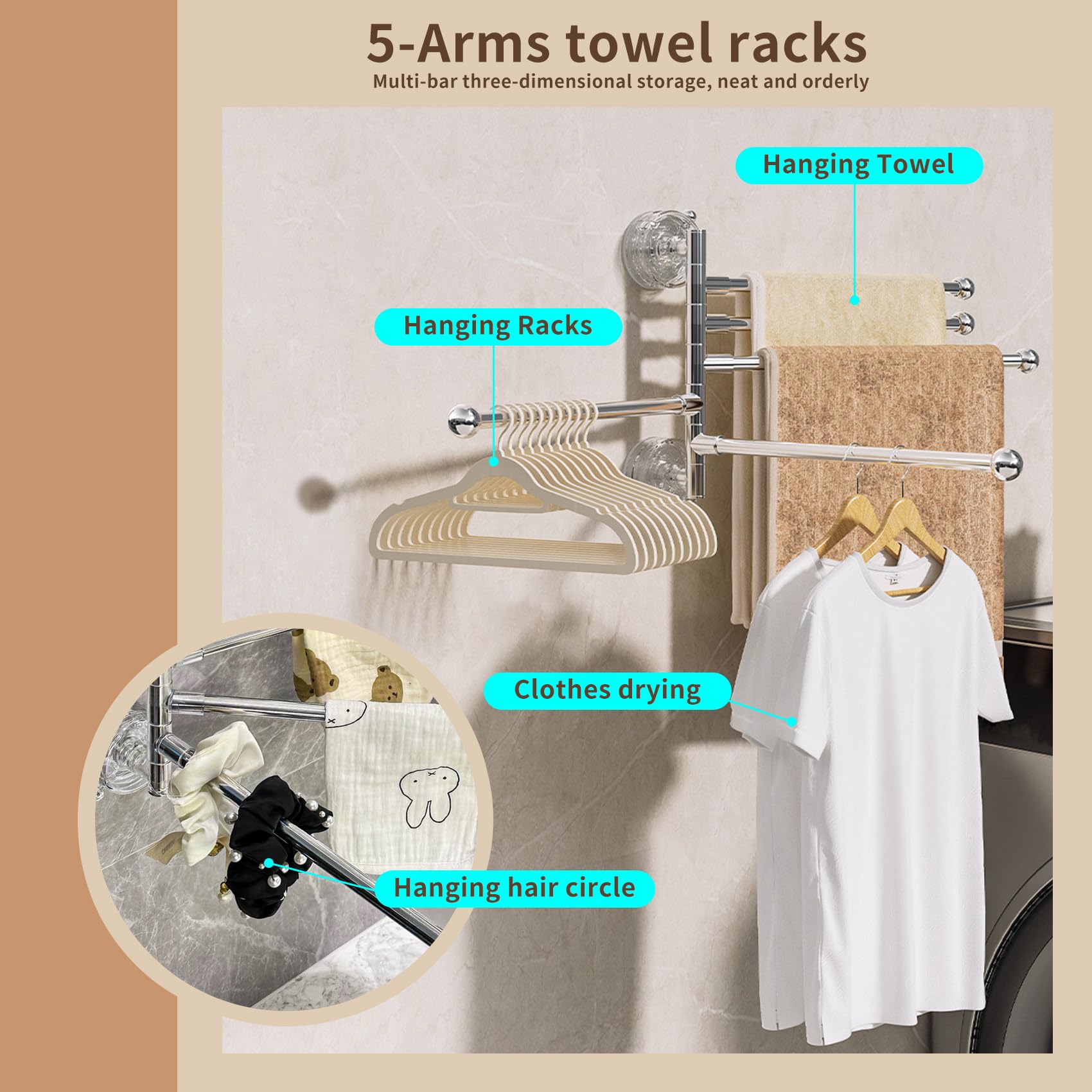 5-Arms Towel Racks for Bathroom, Adjustable Suction Cup Towel bar, Towel Holder Wall Mounted, 180° Swivel Towel Rack for Shower Room and Kitchen White