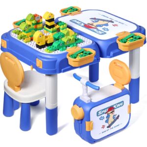 fygurso toddler table and chair set, water/sand sensory rideable building block kids table and chairs with 90 pcs compatible large bricks, kids activity table with storage, stem toys for kids ages 3+