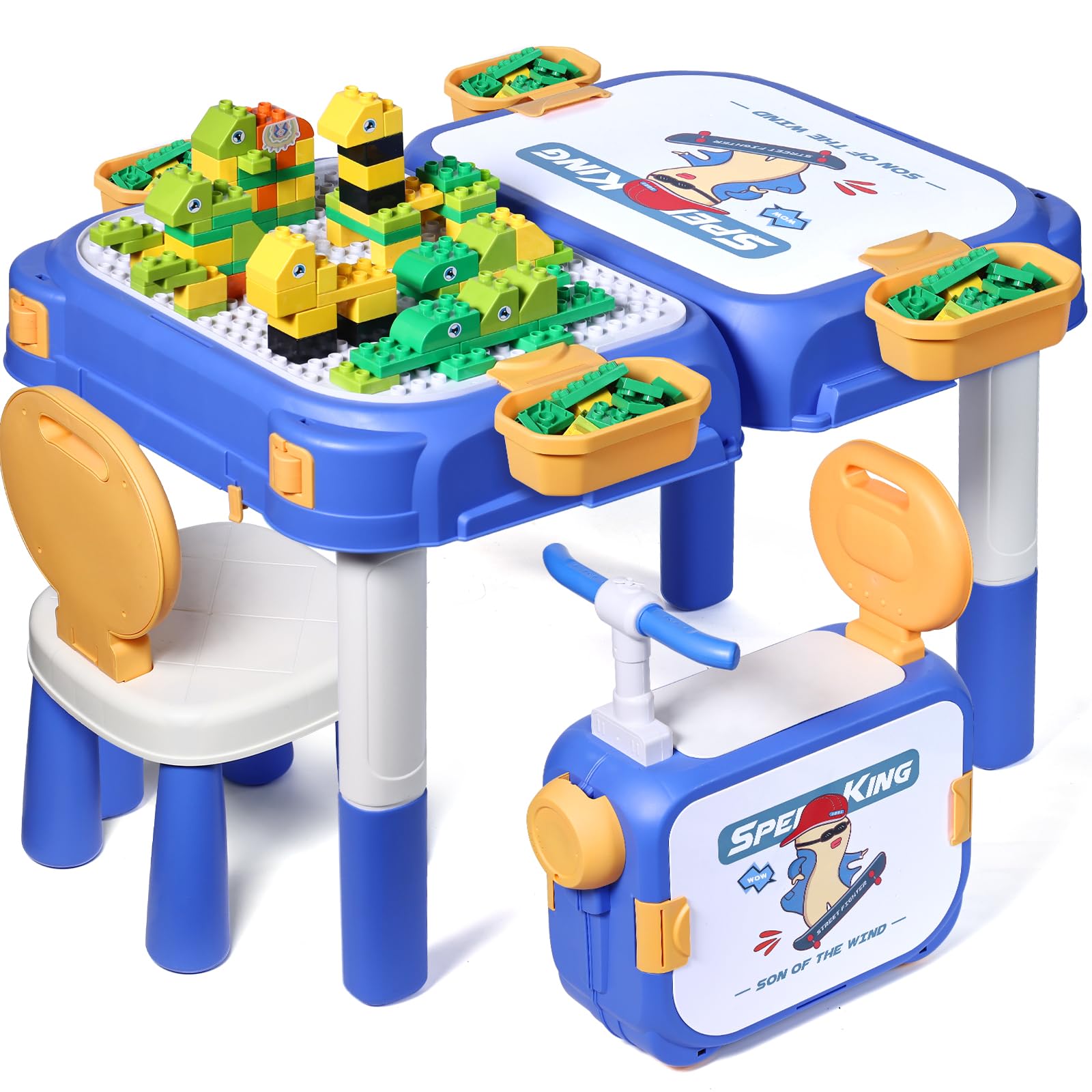 fygurso Toddler Table and Chair Set, Water/Sand Sensory Rideable Building Block Kids Table and Chairs with 90 Pcs Compatible Large Bricks, Kids Activity Table with Storage, STEM Toys for Kids Ages 3+