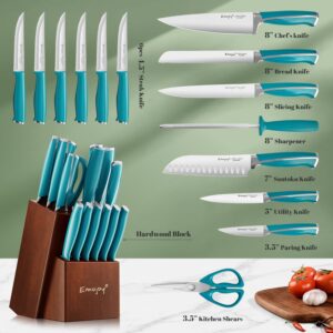 Knife Set, Kitchen Knife Set with Block Wooden, Emojoy 15-Pieces Knife Block Set Stainless Steel Kitchen Knives and Serrated Steak Knives,Blue Chef Knife Set with Sharpener