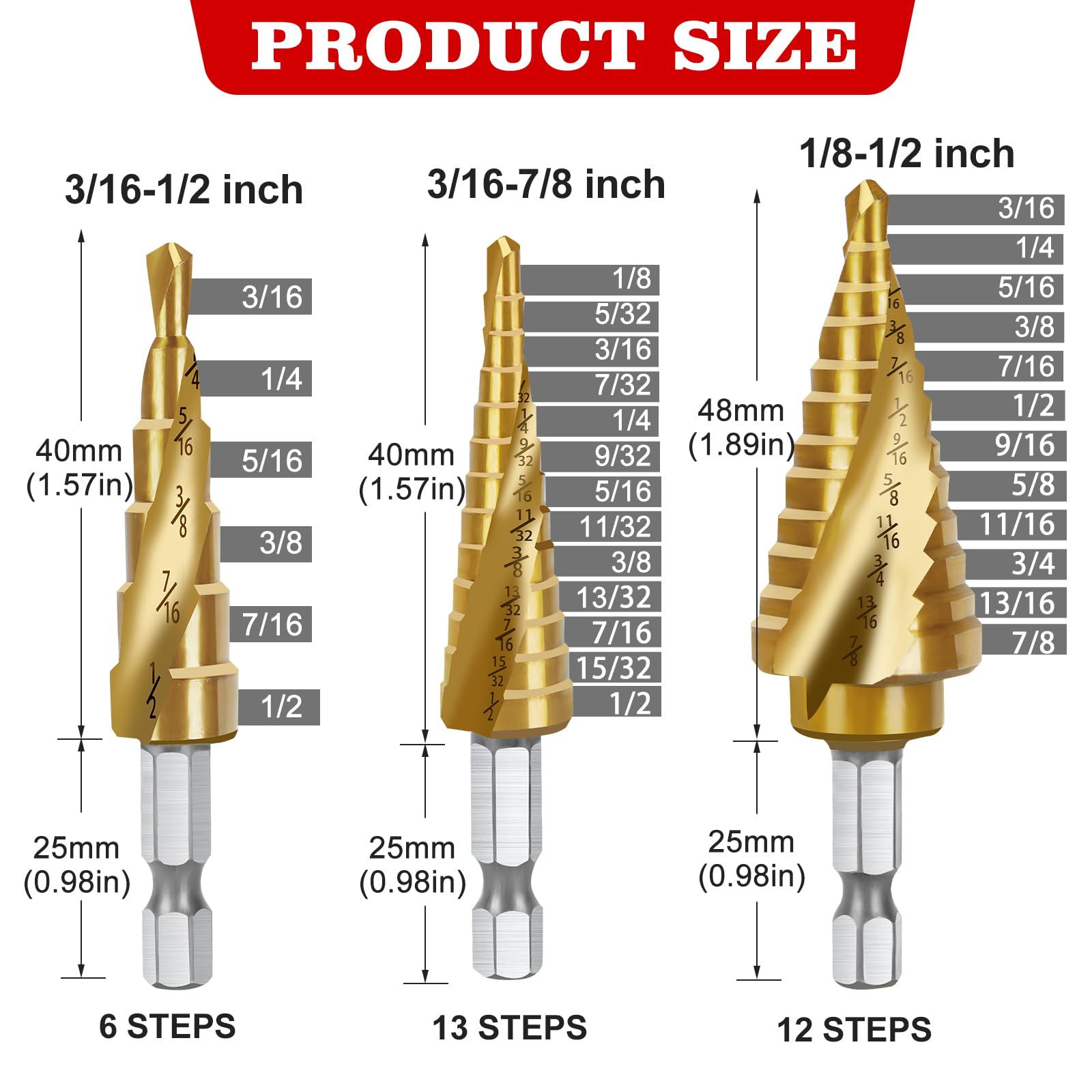 Step Drill Bit Set - 3 Piece High Speed Steel Spiral Grooved Step Drill Bit for Metal Sheet Aluminum Wood Hole Drilling, 1/4" Hex Shank Unibit Step Bit for Faster Drilling 31 Size Cone Step Drill Bits