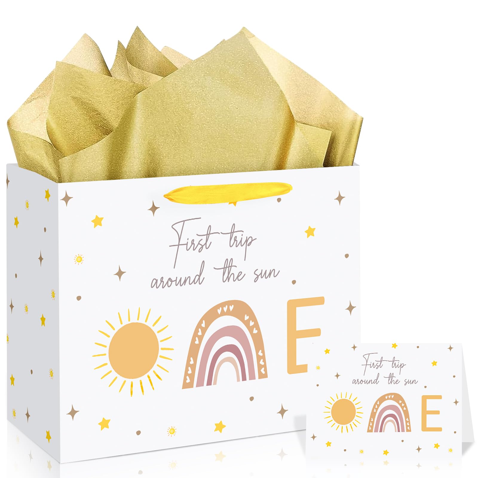 Baby 1st Birthday Gift Bag First Trip Around The Sun Gift Bag with Greeting Card Tissue Papers Boho Sun Rainbow Wrapping Paper Bag for Newborn Baby Shower Christmas Gifts Birthday Party Supplies