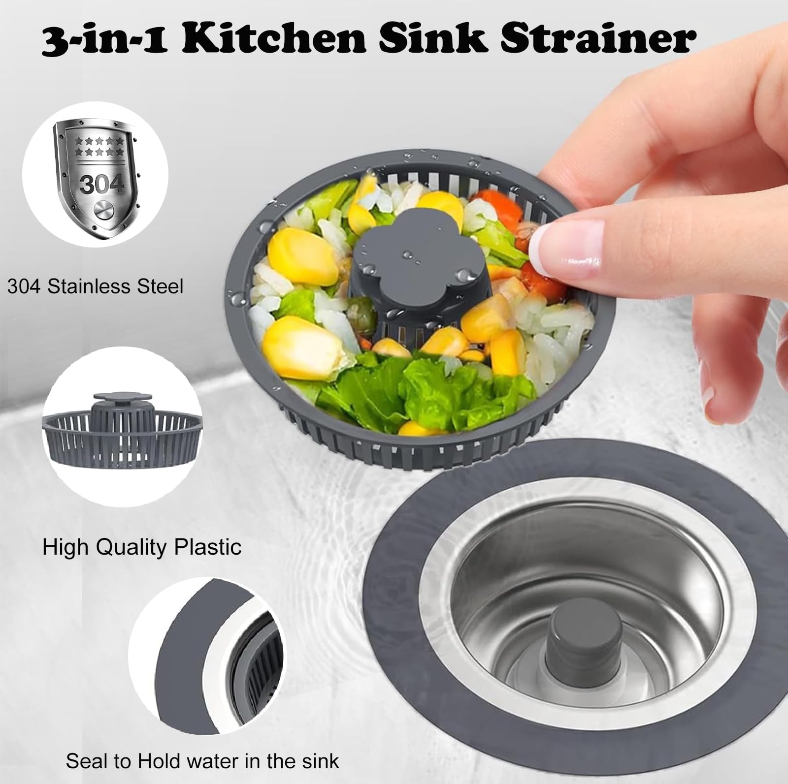 2 Pack Upgraded 3 in 1 Kitchen Sink Drain Strainer, Pop Up Sink Strainer Kitchen Drain Stopper Combo，Anti-Clogging Stainless Steel Sink Strainer Basket Plug & Cover for US Standard 3-1/2 Inch Drain