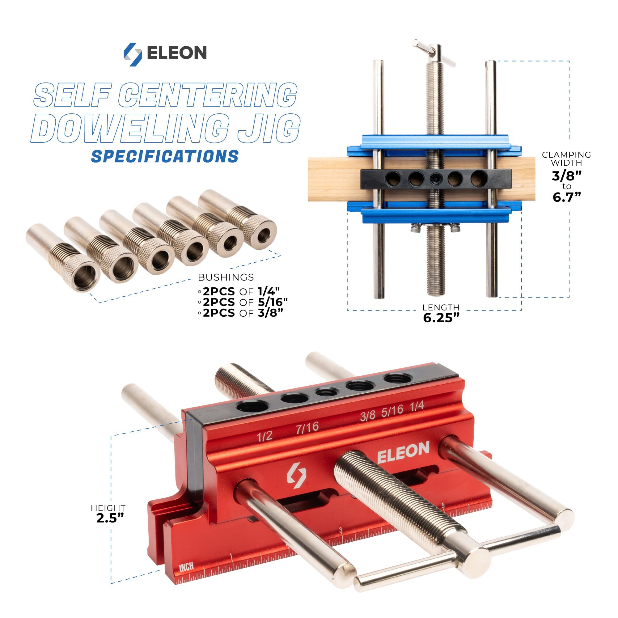 Eleon - Self Centering Dowel Jig with Elongated Jaws and Extra Wide Clamp - Precision Woodworking Made Effortless - Lasting Craftsmanship - Durable Aluminum Alloy Dowel Drill Guide (Blue)