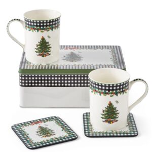 spode christmas tree 2024 annual 5 piece porcelain 12 fl. oz. mug & tin set - holiday coffee cup, christmas home décor & seasonal coffee mug - stocking stuffer holiday gifts - for tea, hot chocolate