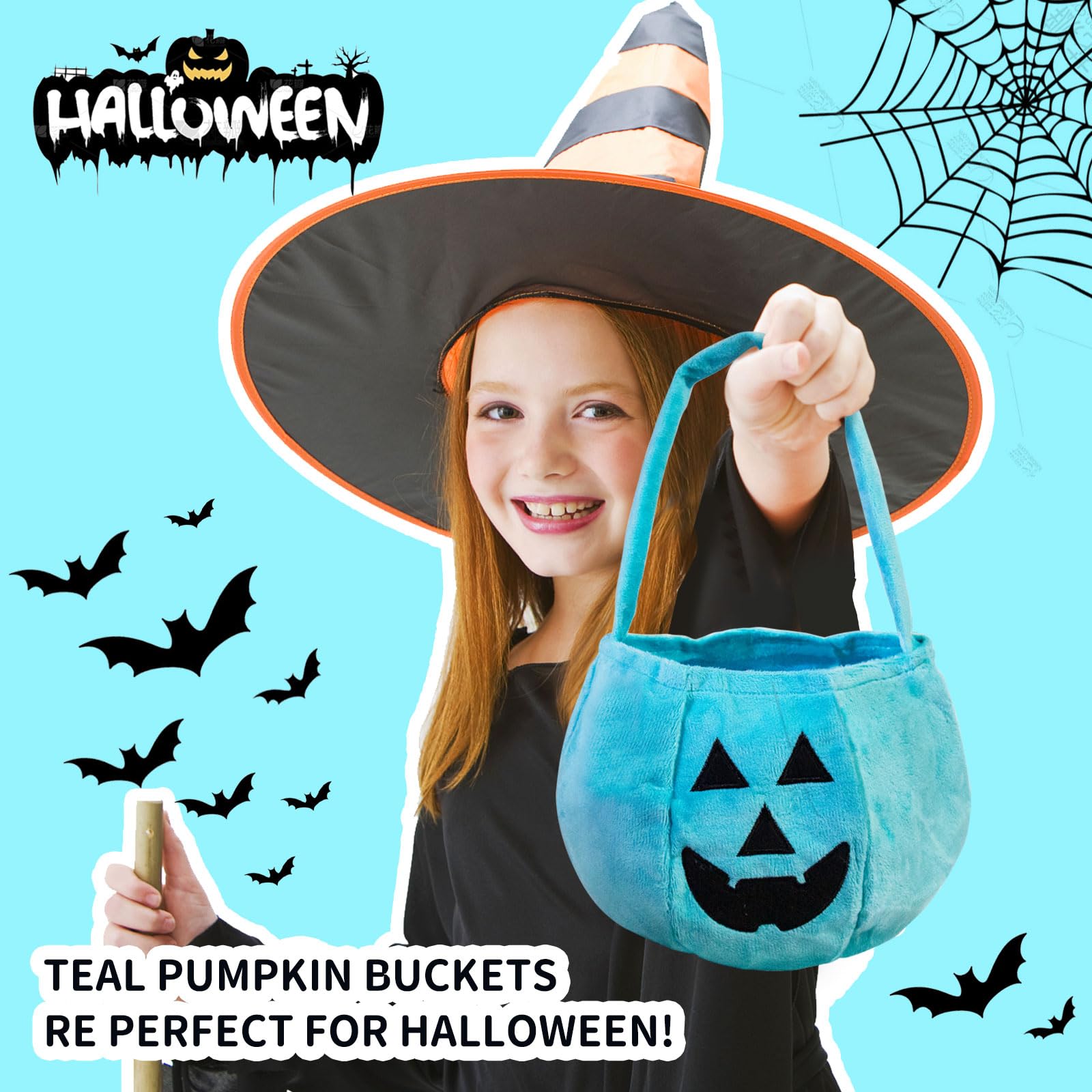 YIQTAO Halloween Teal Pumpkin Reusable Fabric Trick or Treat Buckets - jack O Lantern Bucket- Large Halloween Basket - Halloween Plush Candy Bags –Halloween tote bags