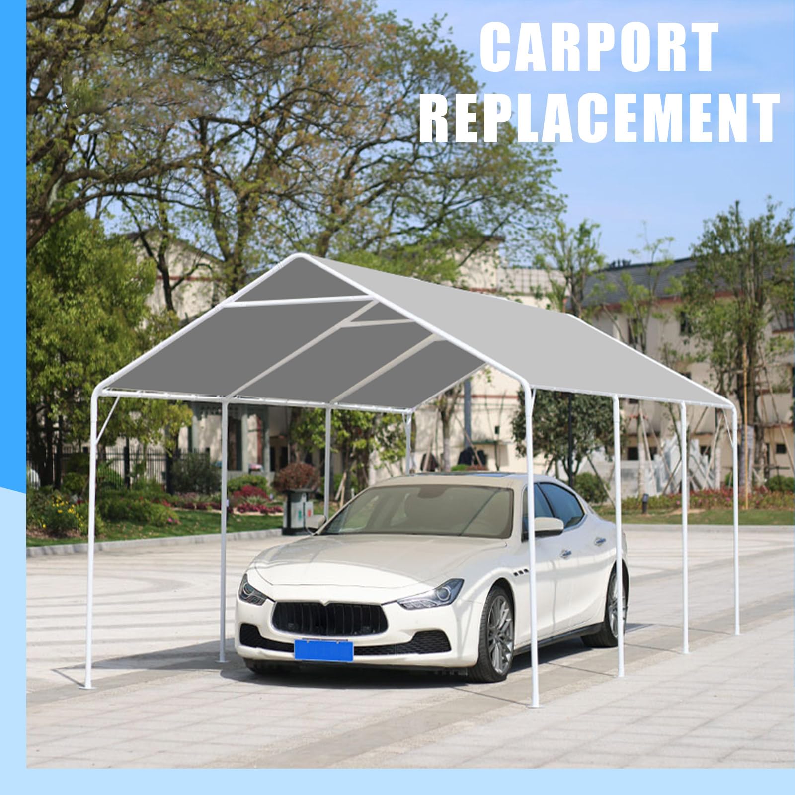 10 x 20 Ft Heavy Duty Carport Replacement Canopy Cover Waterproof & UV Protected Garage Top Tent Shelter Tarp Cover with 44 Ball Bungees Cords, Only Top Cover, Silver Grey