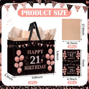 Black Rose Gold 21st Birthday Gift Bag with Happy 21st Birthday Greeting Card and Tissue Paper for Girls Rose Gold 21st Birthday Gift Wrap Bag for 21st Birthday Christmas Party Decorations Supplies