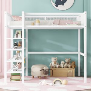 bellemave full size loft bed with 4-tier shelves and storage, metal loft bed with bookshelf, full size loft bed with storage stairs(white)