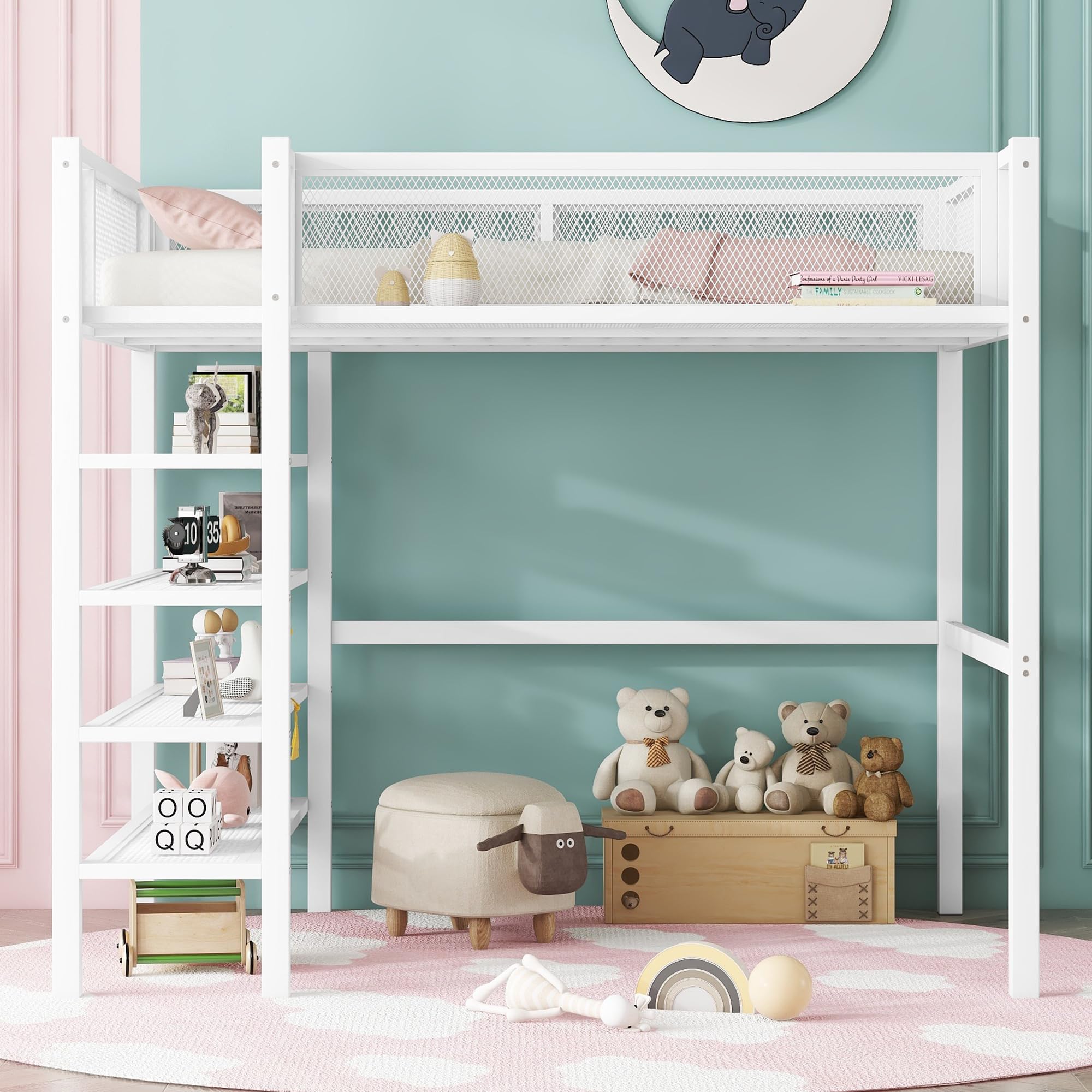 Bellemave Full Size Loft Bed with 4-Tier Shelves and Storage, Metal Loft Bed with Bookshelf, Full Size Loft Bed with Storage Stairs(White)