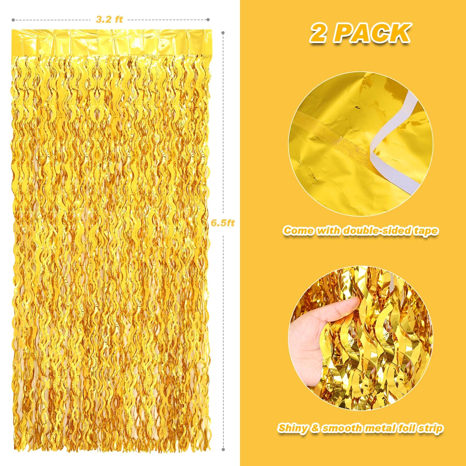 PIGETALE 2 Pack 3.2x6.5 Feet Wavy Gold Foil Fringe Backdrop Curtains Tinsel Streamers Dance Party Decorations Photo Booth Props for Bachelorette Bridal Shower Birthday Wedding Christmas New Years Eve