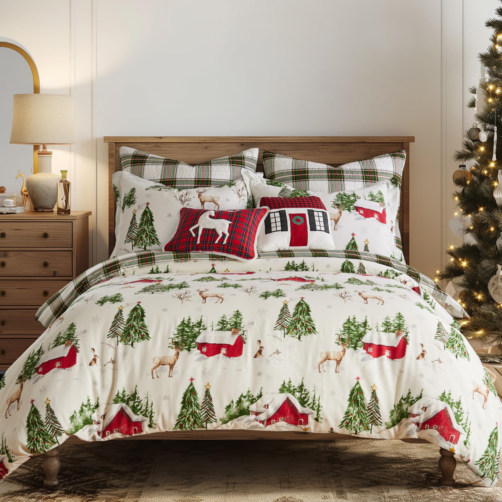 Levtex Home - Tatum Pines Duvet Cover Set - King Duvet Cover + Two King Pillow Cases - Christmas Cabin - Red, Green, Brown, White - Duvet Cover (106 x 94in.) and Pillow Case (36 x 20in.) - Cotton