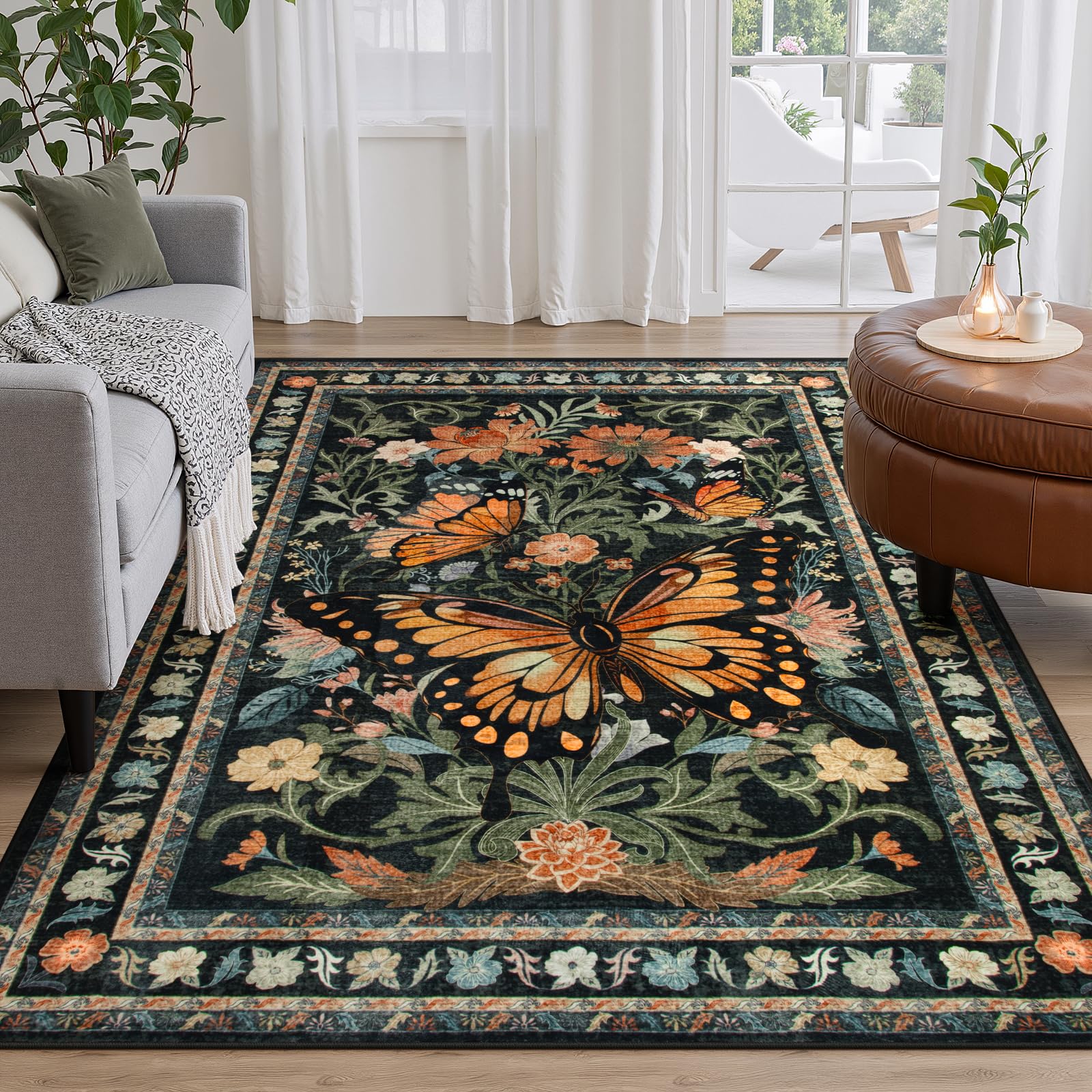 Wonnitar Butterfly Area Rug for Bedroom, 5x7 Black Rug for Living Room Washable Floral Rug, Boho Dining Room Rugs for Under Table Stain Resistant Floor Carpet for Entryway Playroom