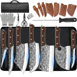 mdhand butcher knife set, 14 pcs chef knife set with bag, hand forged kitchen knife set meat cleaver boning knife viking knife for kitchen camping outdoor bbq