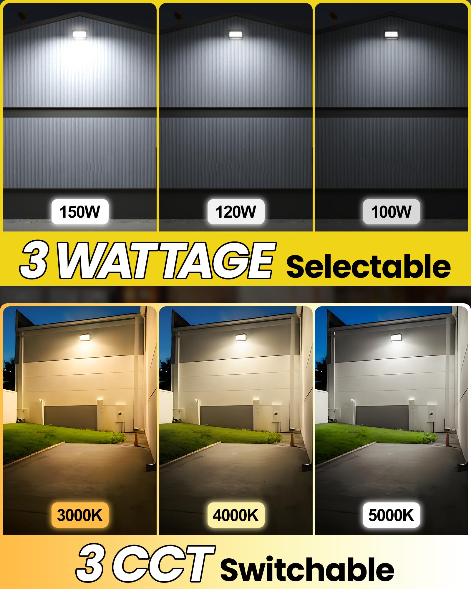 YARBO 2-in-1 Full & Semi Cutoff LED Wall Pack, 150W 120W 100W & 3000K 4000K 5000K Selectable, Timer Dimming & Photocell Wall Pack LED Exterior Light, 22500LM AC100-277V ETL Listed LED Wall Pack Light