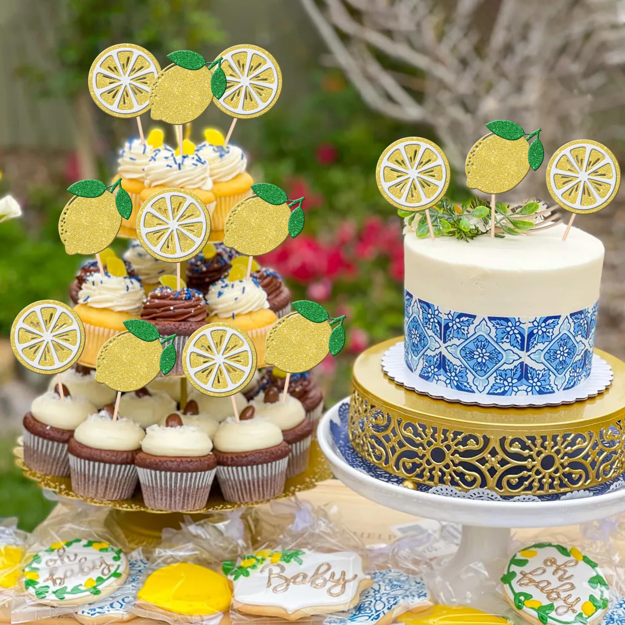 24 PCS Lemon Cupcake Toppers Glitter Fruit Theme Lemonade Party Cupcake Picks for Lemon Theme Baby Shower Wedding Engagement Bridal Shower Birthday Main Squeeze Party Cake Decorations Supplies