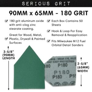 Serious Grit - 180 Grit 90mm x 65mm Triangle Sanding Sheets - Fits Milwaukee M12 Fuel Sanders - Heavy-Duty Hook & Loop Film Sandpaper Pads for Orbital Detail Sanders - 50 Pack Box