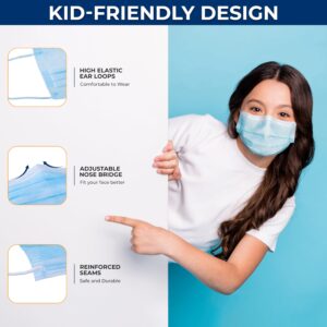 SereneLife 50 Count Disposable Childrens Face Masks | Breathable 3-Ply Layers | Non-Woven Fabric | Comfortable Earloops | Daily Use & Personal Care | Easy to Use & Disposable | For Kids (Blue)