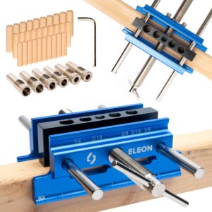 eleon - self centering dowel jig with elongated jaws and extra wide clamp - precision woodworking made effortless - lasting craftsmanship - durable aluminum alloy dowel drill guide (blue)