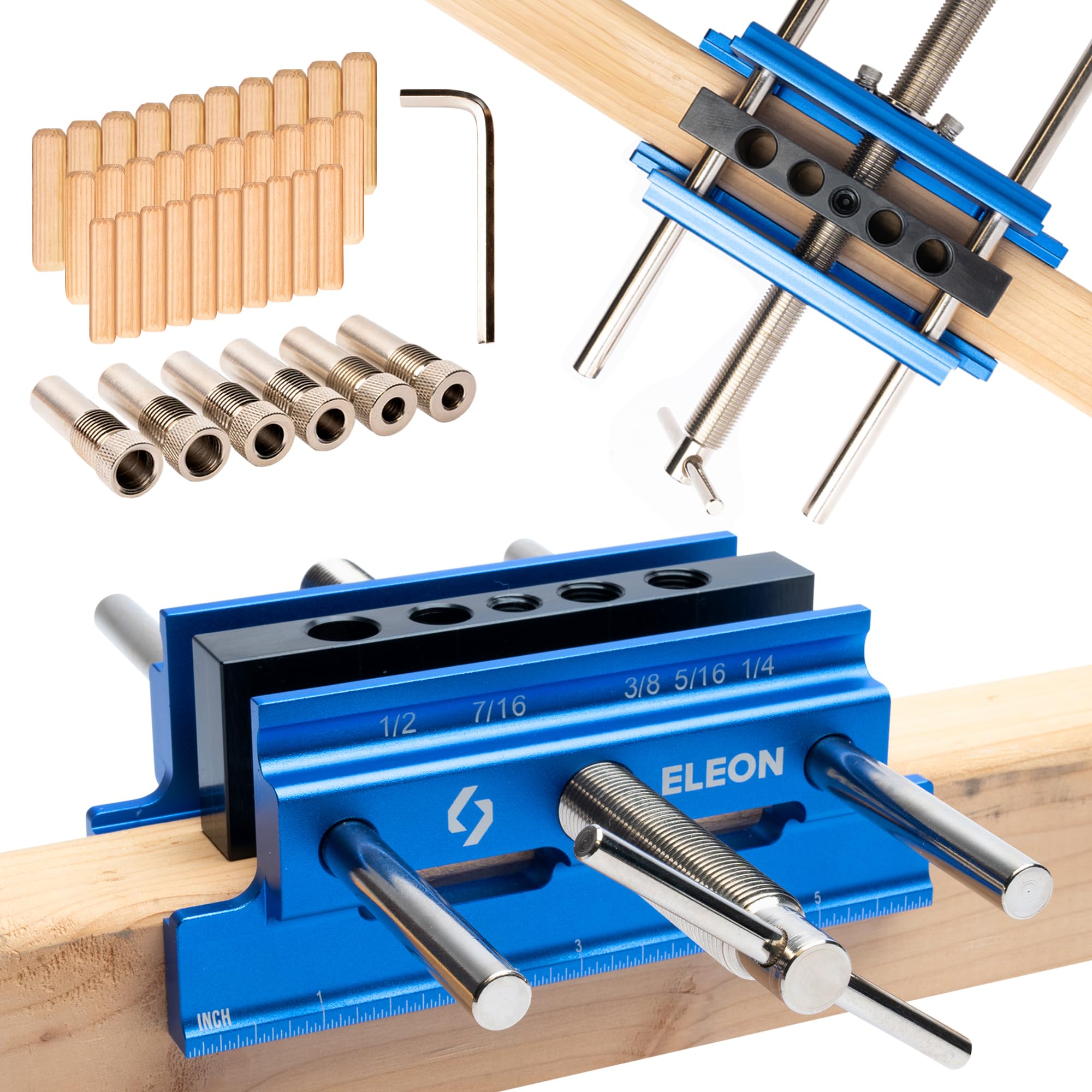 Eleon - Self Centering Dowel Jig with Elongated Jaws and Extra Wide Clamp - Precision Woodworking Made Effortless - Lasting Craftsmanship - Durable Aluminum Alloy Dowel Drill Guide (Blue)