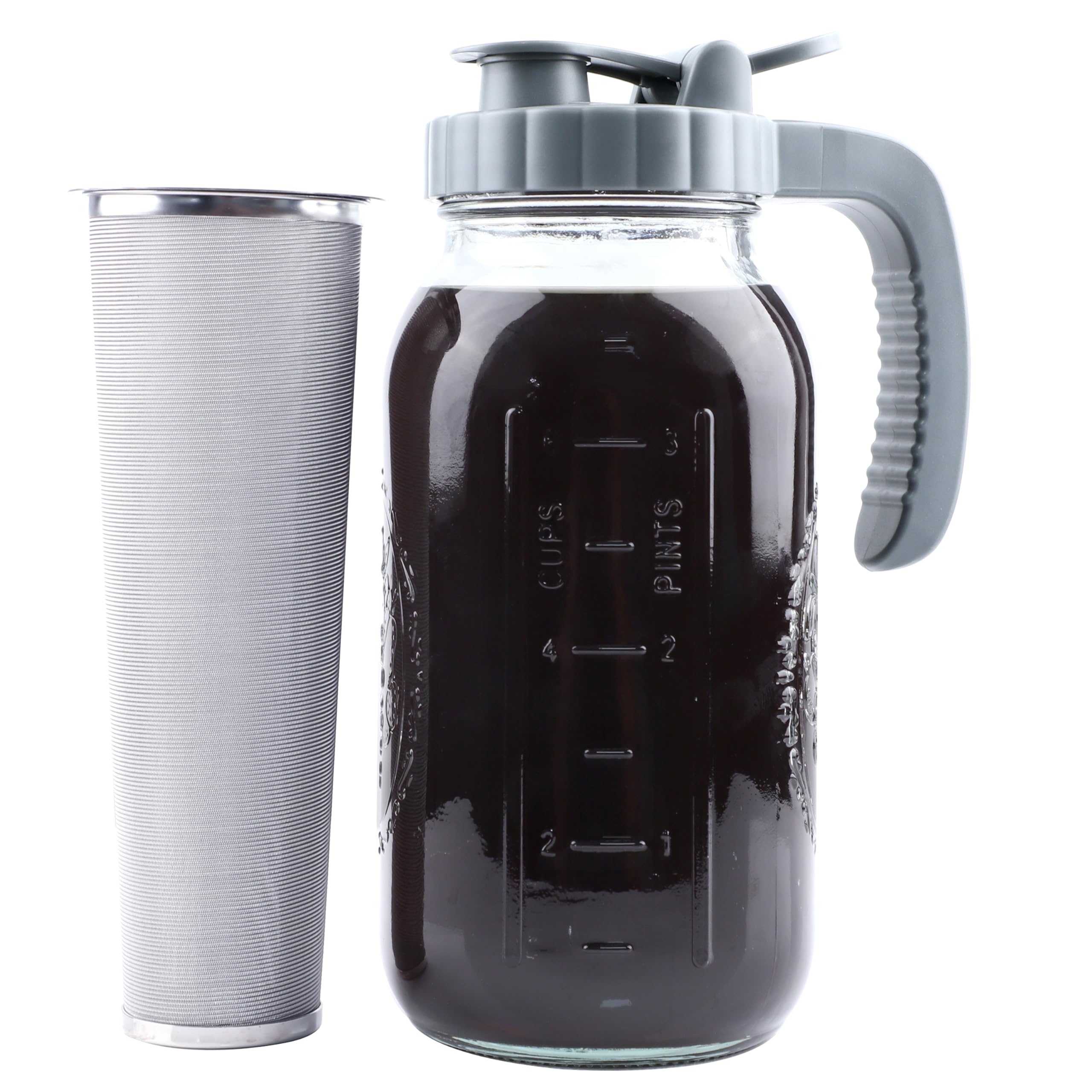 Cold Brew Coffee Maker 64 OZ Mason Jar Cold Brew Pitcher With Infuser 2 Quart Wide Mouth Iced Coffee Maker With Pour Spout Lid And Handle Half Gallon Airtight & Leakproof Pitcher For Fridge