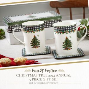 Spode Christmas Tree 2024 Annual 5 Piece Porcelain 12 Fl. Oz. Mug & Tin Set - Holiday Coffee Cup, Christmas Home Décor & Seasonal Coffee Mug - Stocking Stuffer Holiday Gifts - For Tea, Hot Chocolate