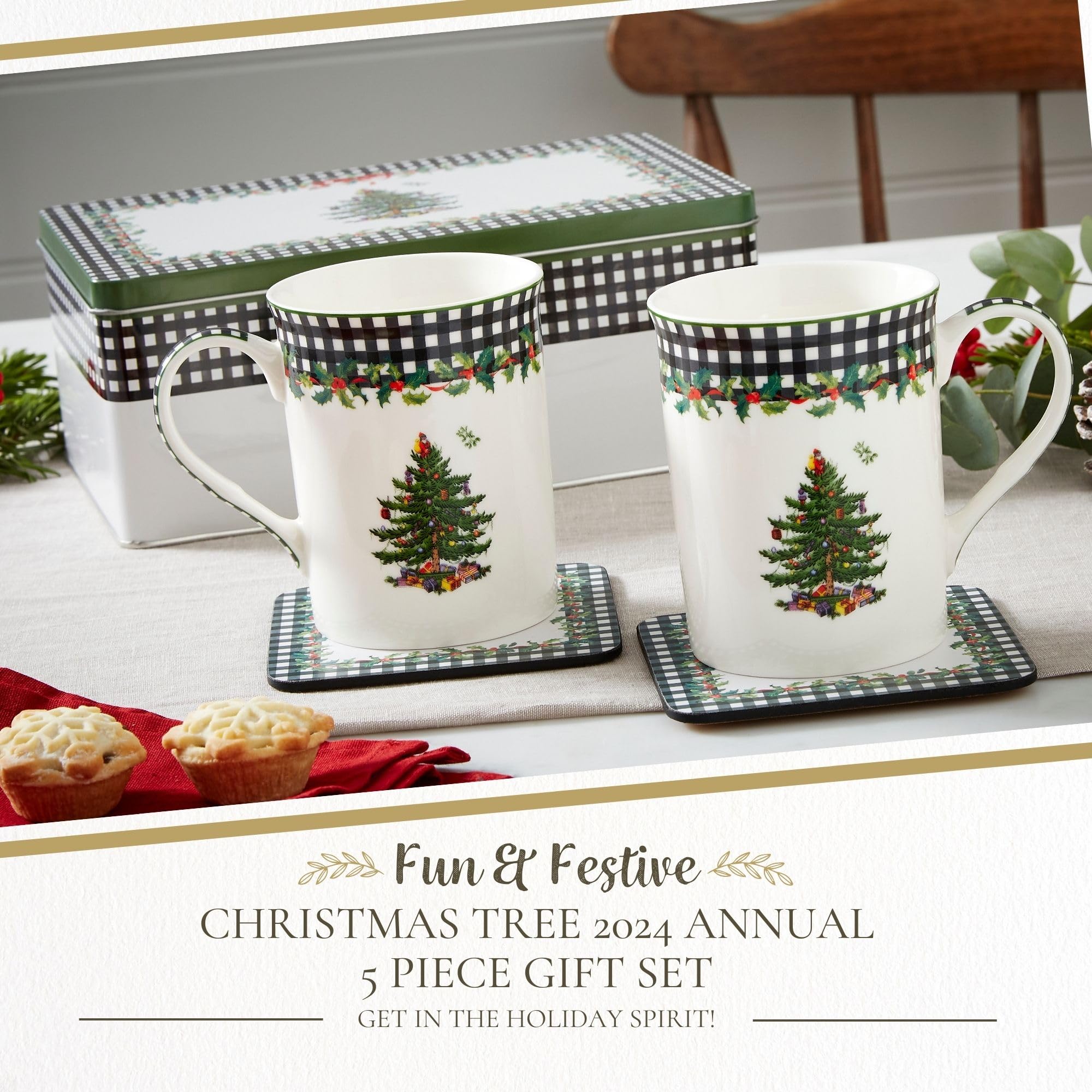 Spode Christmas Tree 2024 Annual 5 Piece Porcelain 12 Fl. Oz. Mug & Tin Set - Holiday Coffee Cup, Christmas Home Décor & Seasonal Coffee Mug - Stocking Stuffer Holiday Gifts - For Tea, Hot Chocolate