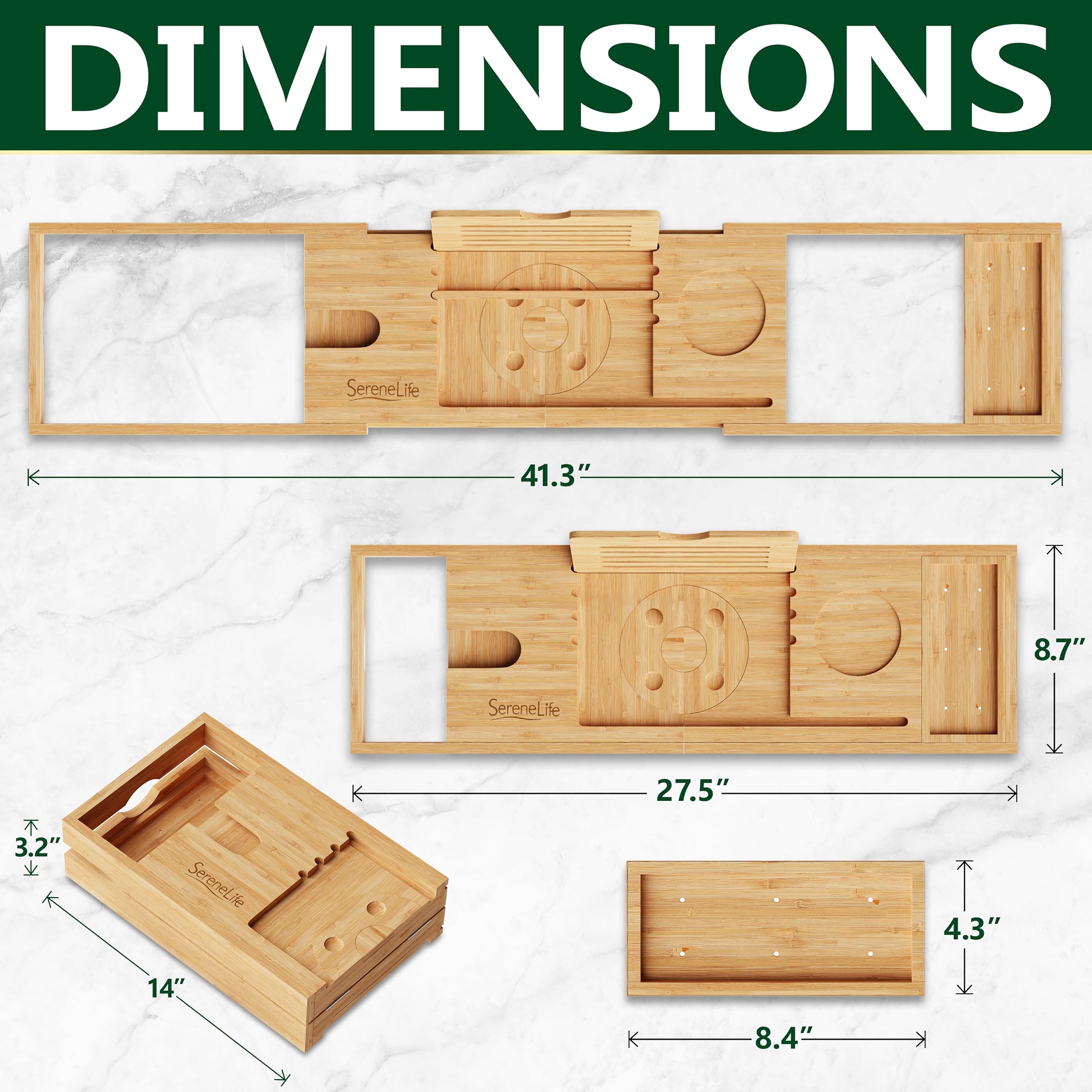 SereneLife Bathtub Tray - Expandable Bath Tray for Tub, Foldable Adjustable Bamboo Caddy with Non-Slip Handles, Device Holder and Wine Glass Slot for Bathing Luxury (Folding, Hard Back)