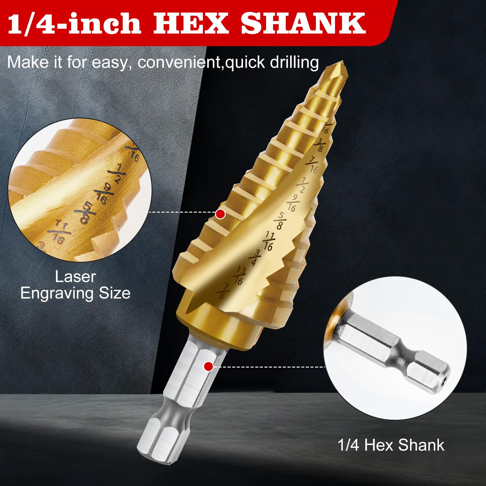 Step Drill Bit Set - 3 Piece High Speed Steel Spiral Grooved Step Drill Bit for Metal Sheet Aluminum Wood Hole Drilling, 1/4" Hex Shank Unibit Step Bit for Faster Drilling 31 Size Cone Step Drill Bits