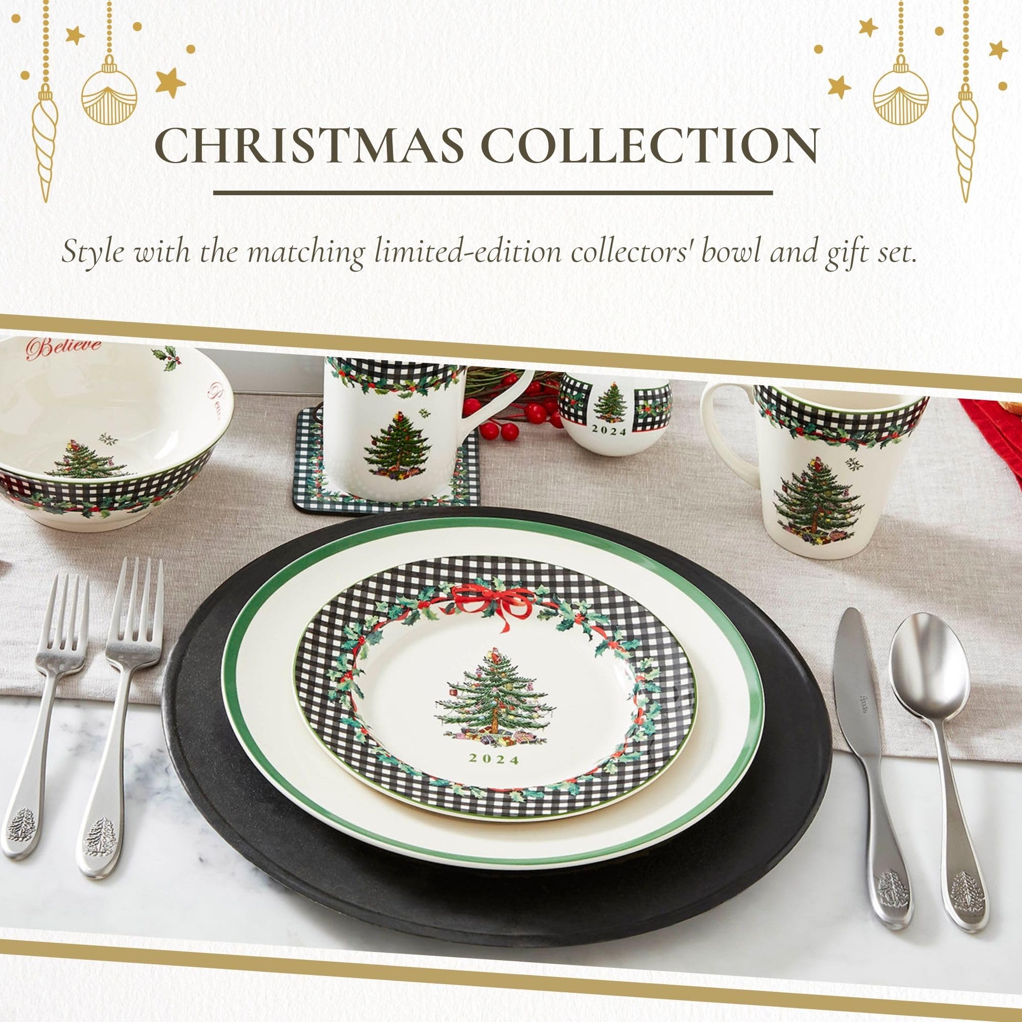 Spode Christmas Tree 8" Porcelain Dinner Plate, 2024 Annual Collector Plate - Holiday Dinnerware & Decorative Plate, Winter Serving for All Parties & Occasions - For Casserole, Appetizers, Brisket