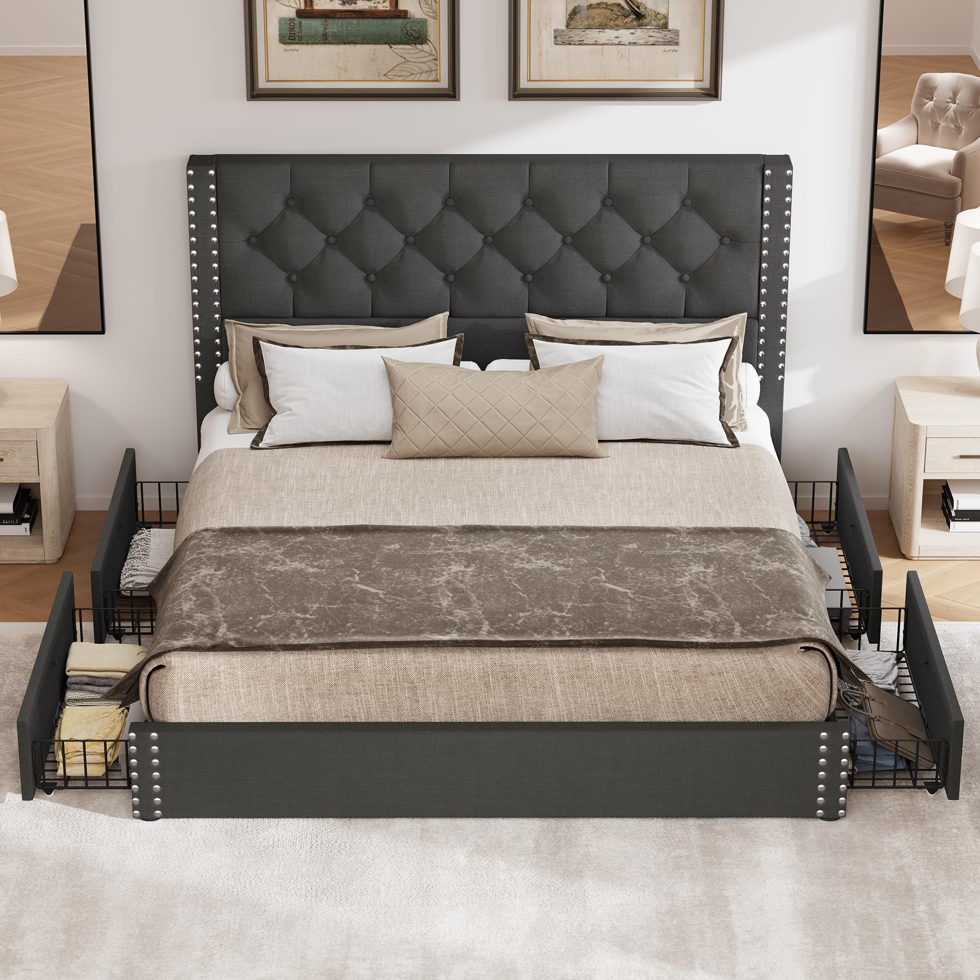 BRELTAM Queen Size Bed Frame with Storage Drawers and Headboard Linen Upholstered Platform Bed Tufted Bed Frame with Wood Slats Support, Noise-Free, Dark Grey