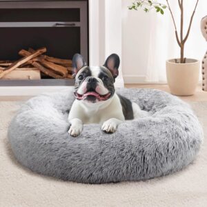 jollyvogue donut dog bed, comfort round dog bed, anti-anxiety calming cuddler dog & cat bed, fluffy faux fur cushion bed for small medium dogs and cats, 20"