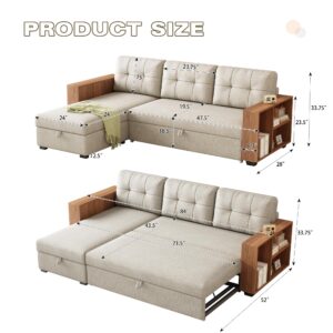 YOPTO 84" L-Shape Upholstered Sleeper Sectional Sofa with Storage Chaise & Pull Out Bed,Convertible Corner Couch Bed W/Cabinet Armrests & Removable Back Cushions for Living Room,Office,Beige