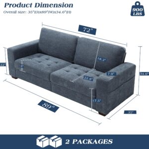 WorthFurni 89 Inch Sofa Couch, Modern 3 Seater Couch with Removable Covers and USB Ports, Large Chenille Comfy Sofa for Living Room, Oversized Loveseat Sofa for Apartment(Blue)