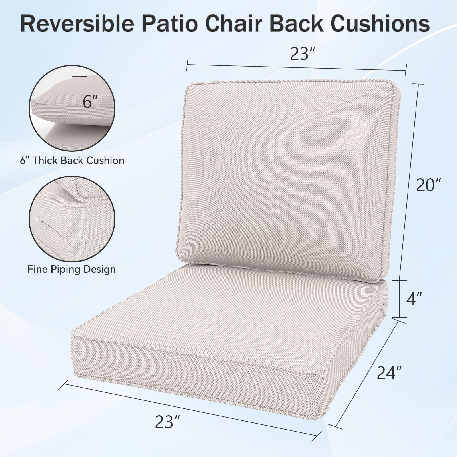 Outdoor Chair Cushions, 24" x 23" High-Density Foam Deep Seat Patio Cushions with Olefin Fabric & Removable Zipper Cover, Outdoor Furniture Replacement Cushions Set of 2 for Chair Sofa Couch - Beige