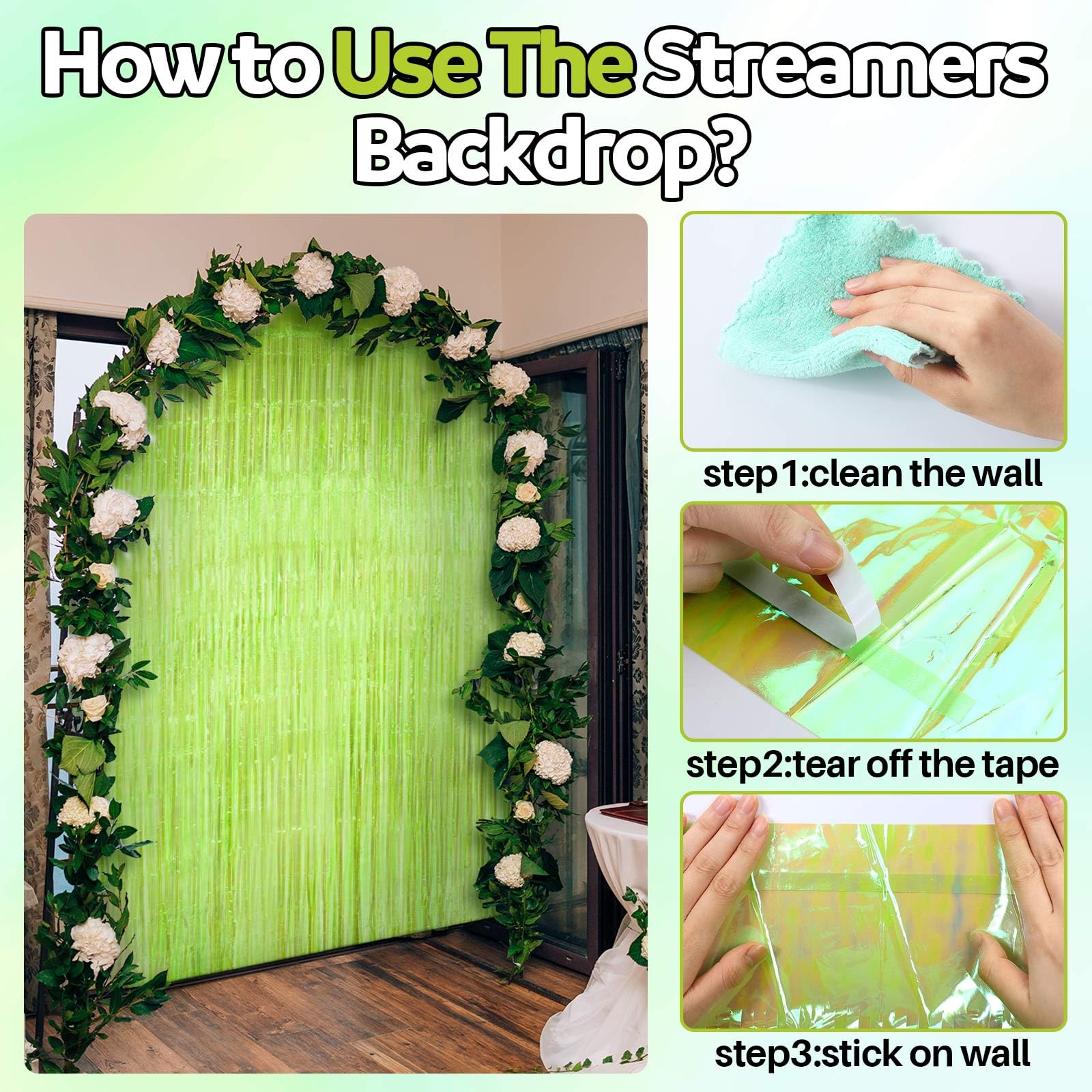 Fanfanwin Neon Green Streamers Backdrop 3.28 x 8.2 ft Lime Green Foil Fringe Curtain Metallic Tinsel Door Streamers for Birthday Bachelorette Christmas, New Year, Disco Party, Neon Party Decorations