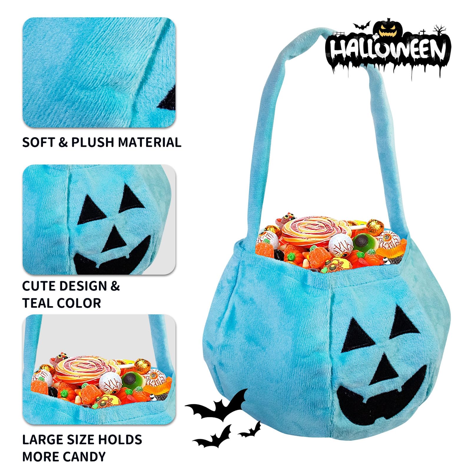 YIQTAO Halloween Teal Pumpkin Reusable Fabric Trick or Treat Buckets - jack O Lantern Bucket- Large Halloween Basket - Halloween Plush Candy Bags –Halloween tote bags