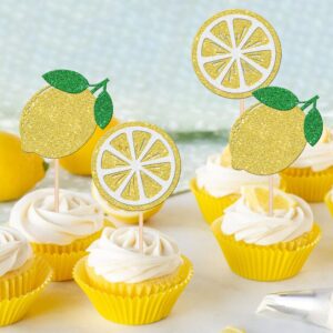 24 PCS Lemon Cupcake Toppers Glitter Fruit Theme Lemonade Party Cupcake Picks for Lemon Theme Baby Shower Wedding Engagement Bridal Shower Birthday Main Squeeze Party Cake Decorations Supplies