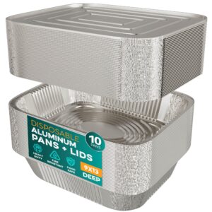 aluminum pans with lids 9x13 [10 sets] aluminum foil pans trays with lids - half size tin foil disposable pans for baking, roasting, cake serving dishes, catering supplies, steam table chafing