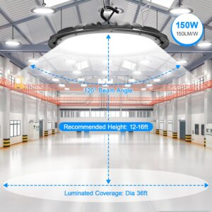 Eilpass Super Bright High Bay LED Shop Lights - 150W 5000K Daylight, 21000LM 120VAC with 5ft Cord & US Plug. Standard US Hook, IP65 Waterproof led high Bay UFO Lights