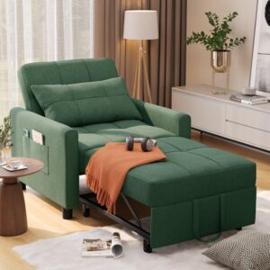 aiho convertible sleeper sofa chair bed with pillow & pocket, 3-in-1 sofa bed sleeper chair in modern linen fabric for apartment, green