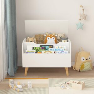 Wooden Toy Box, Kids Toy Storage Organizer with Front Bookshelf, Flip-Top Lid, Safety Hinge, Boys Girls Toy Chest Bench for Playroom Kids Room Organization (White)