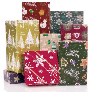 toptime christmas wrapping paper, 8 sheets gift wrapping paper with snowflake, christmas tree, snowman, gingerbread man, folded flat holiday gift wrap for new year, art craft (27.6x19.7in)