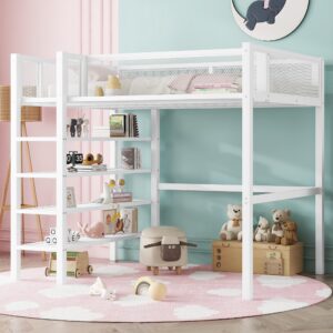 Bellemave Full Size Loft Bed with 4-Tier Shelves and Storage, Metal Loft Bed with Bookshelf, Full Size Loft Bed with Storage Stairs(White)