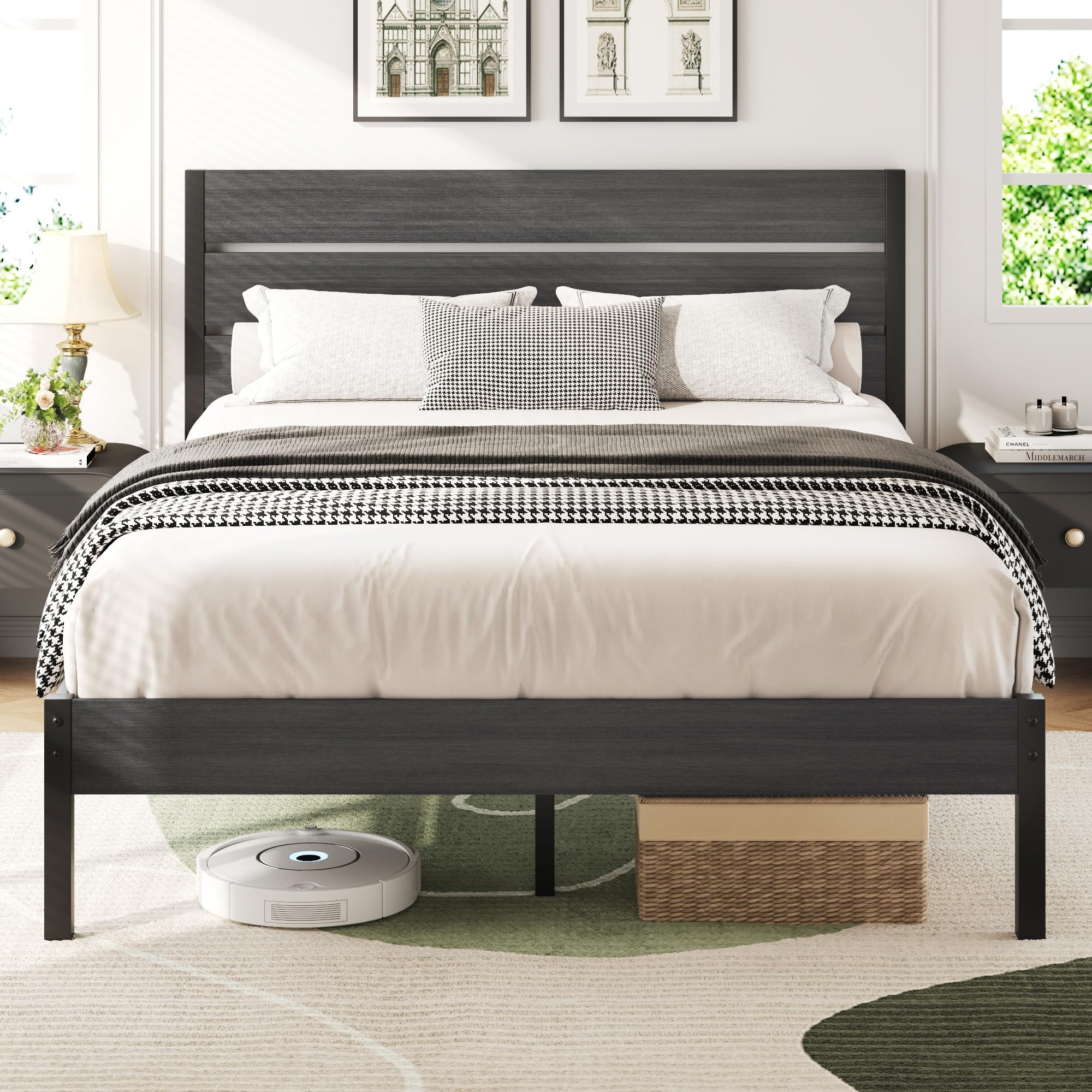 Lifezone Queen Bed Frame with Headboard and Footboard, Metal Queen Bed Frame with Under-Bed Storage, All-Metal Support System, No Box Spring Needed, Easily Assemble, Rustic Grey