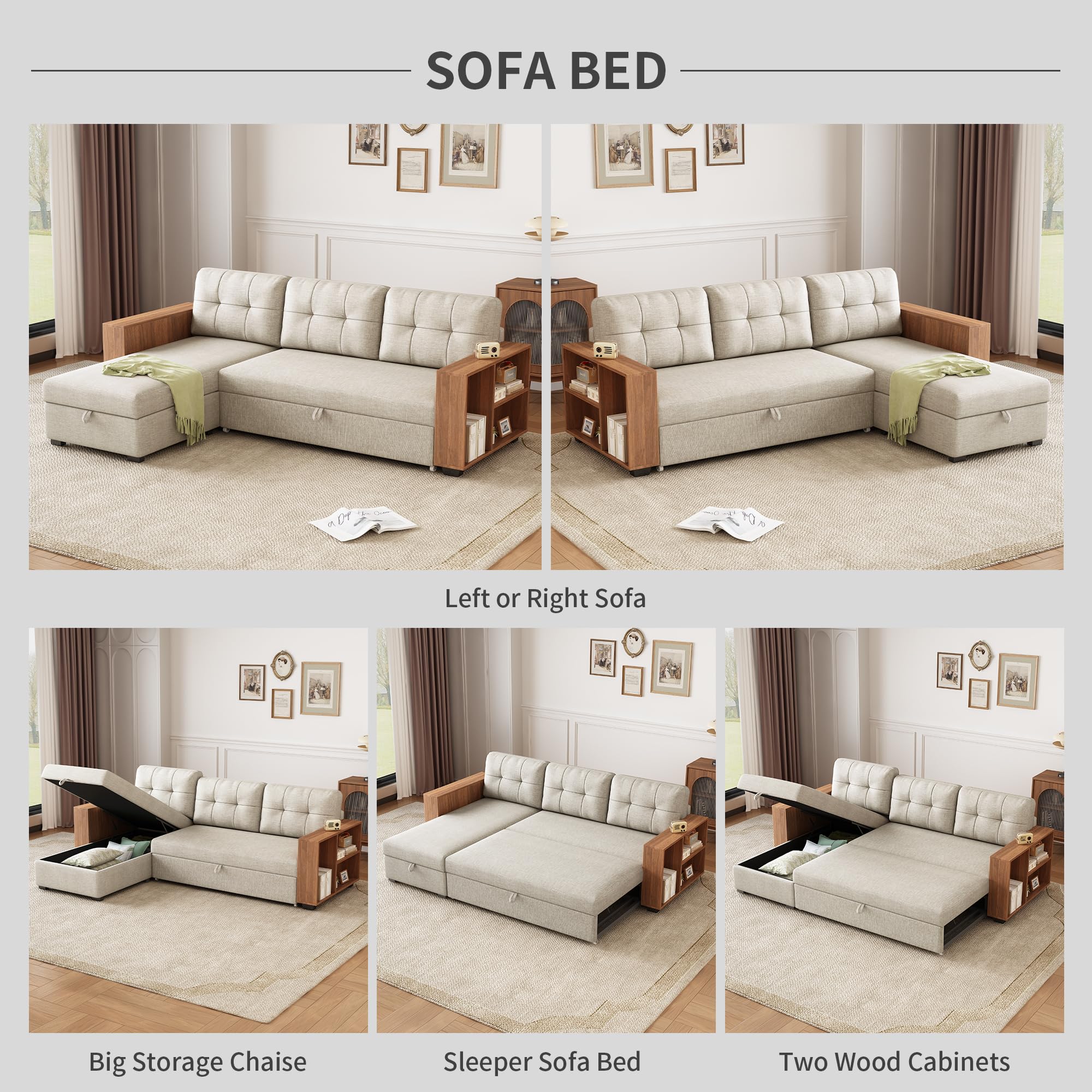 YOPTO 84" L-Shape Upholstered Sleeper Sectional Sofa with Storage Chaise & Pull Out Bed,Convertible Corner Couch Bed W/Cabinet Armrests & Removable Back Cushions for Living Room,Office,Beige