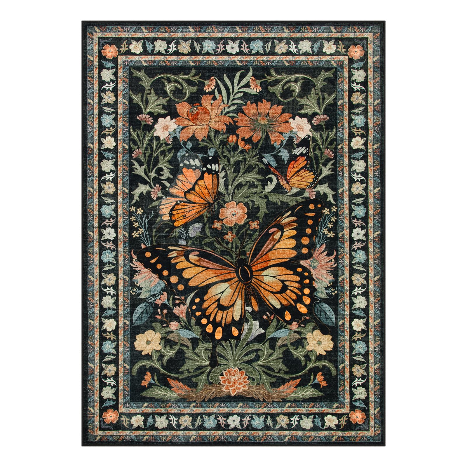 Wonnitar Butterfly Area Rug for Bedroom, 5x7 Black Rug for Living Room Washable Floral Rug, Boho Dining Room Rugs for Under Table Stain Resistant Floor Carpet for Entryway Playroom