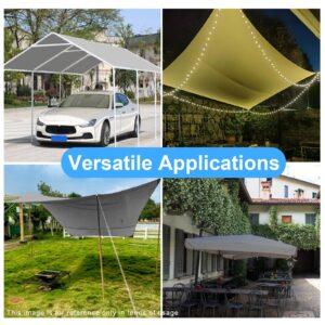 10 x 20 Ft Heavy Duty Carport Replacement Canopy Cover Waterproof & UV Protected Garage Top Tent Shelter Tarp Cover with 44 Ball Bungees Cords, Only Top Cover, Silver Grey